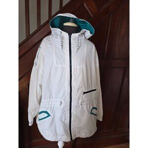 Mulberry Street Womens 2X White Hooded Jacket With Teal Accents & Zip Pockets